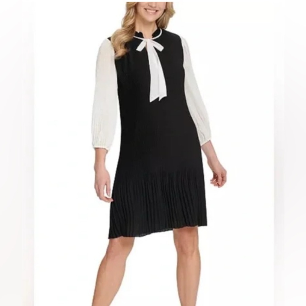 DKNY Black and White Sheath Dress with Bishop Sleeves